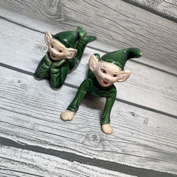 1950’s Green Set of 2 Vintage Hand Painted 4” Pixies Elf Elves Christmas - Picture 10 of 10